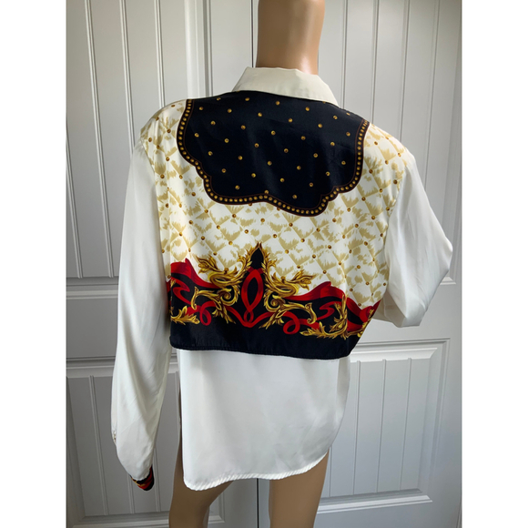 Casual Corner Womens Button-Down Shirt Sz 14 White Decorative Baroque Style Glam - Picture 11 of 14